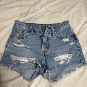 Levi's 501 Light Blue Distressed High-Rise Denim Shorts